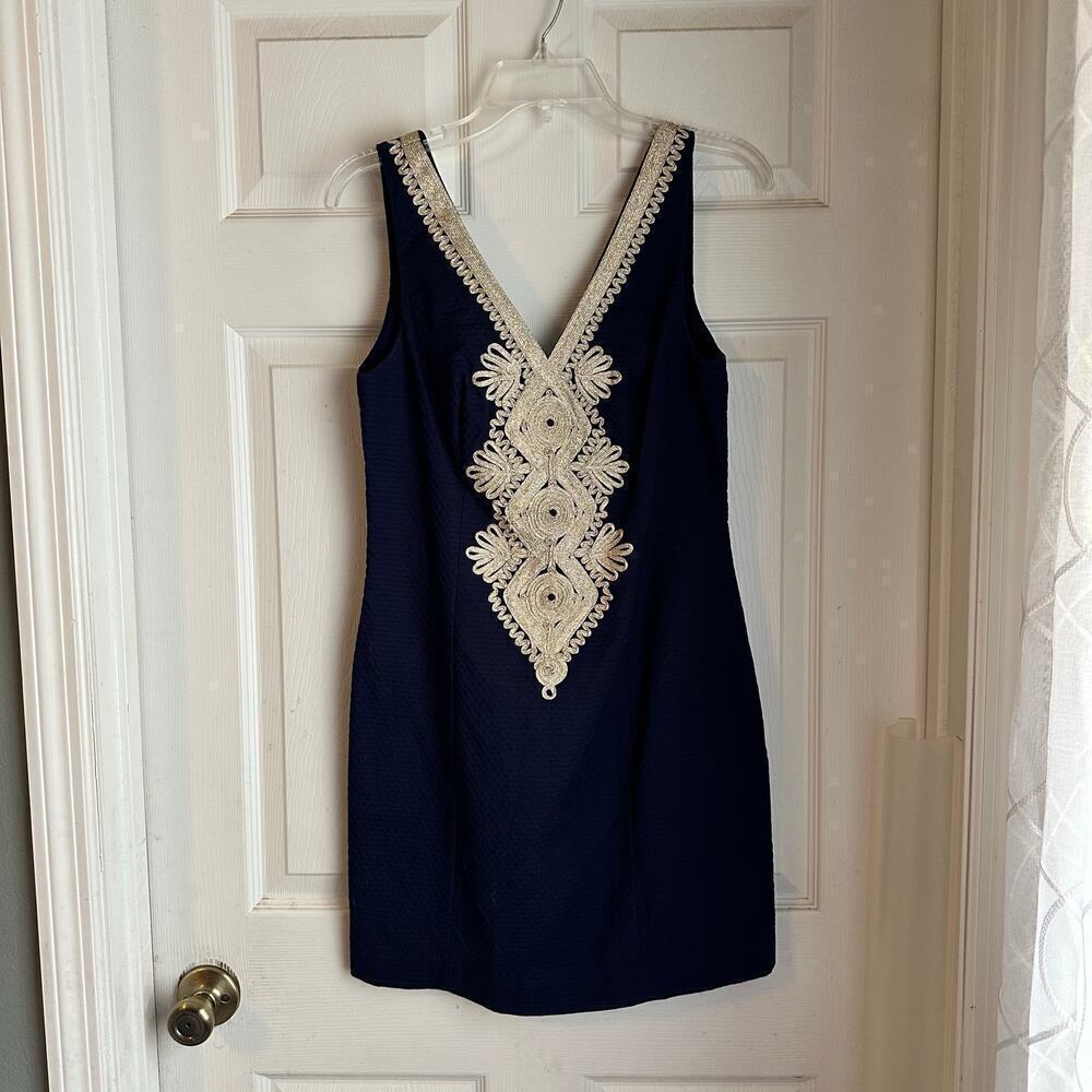 Lilly Pulitzer Junie True Navy Gold Detail Pique Shift Dress Size 2